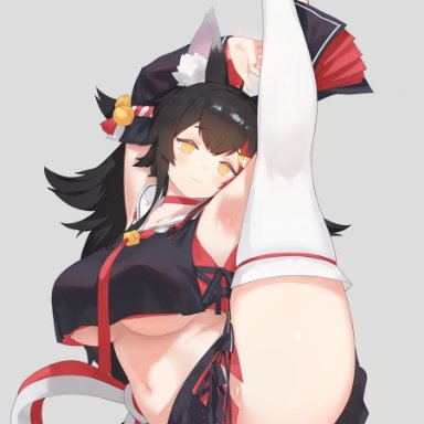 :3, animal ears, armpits, big breasts, blush, breasts, crop top, female, female only, hololive, kneehighs, large breasts, looking at viewer, navel, ookami mio