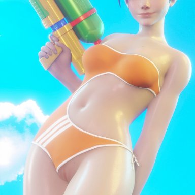 beach, overwatch, panties aside, pussy, shiny skin, swimsuit, tayra, tracer