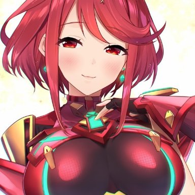 big breasts, blush, breasts, nintendo, pyra, red eyes, red hair, smile, xenoblade (series), xenoblade chronicles 2