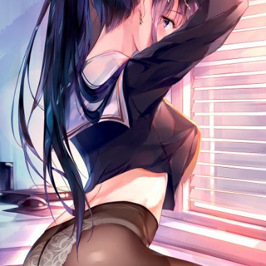 anthropomorphization, ass, azur lane, bent knees, black hair, black legwear, black pantyhose, black serafuku, breasts, brown legwear, clothing, earrings, eyebrows visible through hair, fallen heaven, female