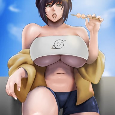 1girls, arm support, bangs, bare shoulders, bbw, big breasts, bike shorts, breasts, breasts bigger than head, brown eyes, clavicle, clothed, clothed female, clothing, dango