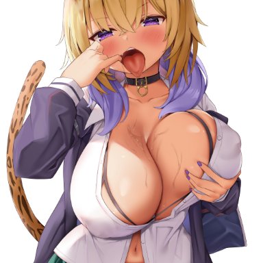 1girls, 2021, animal ears, belly button, big breasts, blonde hair, breasts, cleavage, female, female focus, female only, green skirt, gyaru, hololive, huge breasts