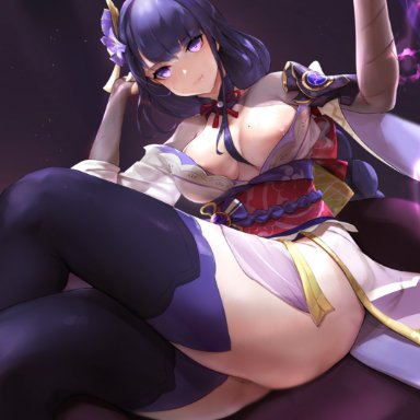 1girls, areola slip, baal (genshin impact), blush, breasts, clothed, clothing, crossed legs, genshin impact, hi res, large breasts, mole, mole on breast, mole under eye, nipple piercing