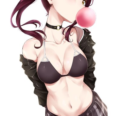 aqours, arms behind back, bare shoulders, bikini, bikini top, black bikini, black bra, black choker, black jacket, black skirt, black swimsuit, black underwear, bra, breasts, breasts apart