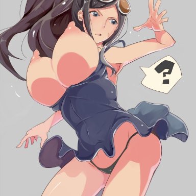 accidental exposure, big breasts, black hair, blush, bouncing breasts, breasts outside, dress, dressrosa, embarrassed, embarrassed nude female, enf, heeled boots, nico robin, nipples, no bra