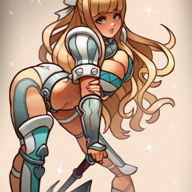 1girls, absurdres, arm guards, armor, ass, axe, bangs, bare legs, bent over, bikini armor, blonde hair, bow, breasts, charlotte (fire emblem), cleavage