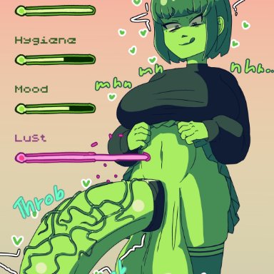 1futa, bangs, big breasts, breasts, clothed, cock ring, dialogue, dress, dress lift, futa only, futanari, futasub, gameplay mechanics, green hair, green skin