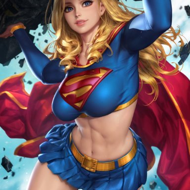 1girls, abs, action pose, arms up, big breasts, blonde hair, blue eyes, boots, breasts, cape, clothed, clothing, dc, dc comics, female