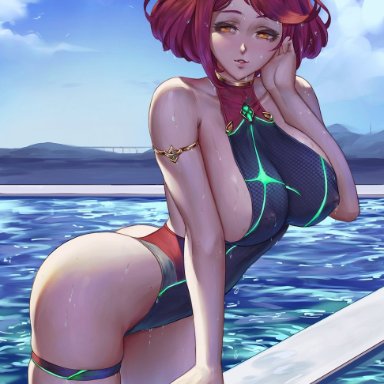 1girls, 2021, alternate costume, arimatang, armlet, artist signature, ass, ass cheeks, bangs, bare arms, bare legs, barely contained, black swimsuit, breasts, competition swimsuit