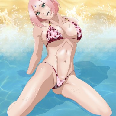 1girls, beach, bikini, boruto: naruto next generations, breasts, female, female only, floral print, flower, flower in hair, green eyes, highleg, karlen vardanyan, kneeling, looking at viewer