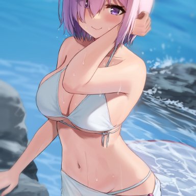 1girl, ayul (ayulneri 92), beach, big breasts, bikini, bikini bottom, bikini skirt, bikini top, blush, cleavage, collarbone, fate/grand order, fate (series), female, female focus