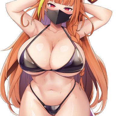 1girls, absurdres, ahoge, alternate costume, arms behind head, bangs, bikini, black swimsuit, blonde hair, blunt bangs, blush, bow, braid, breasts, collarbone