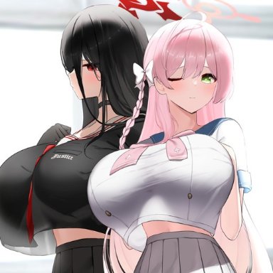 2girls, belly, black hair, blush, breasts, busty, choker, cleavage, cute, dark hair, enormous breasts, green eyes, grope behind, huge breasts, large breasts