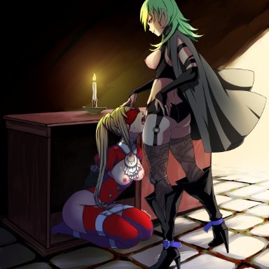 2girls, alternate hairstyle, alternate version available, arms behind back, ass, black panties, blindfold, bondage, bondage, boots, breasts outside, byleth (fire emblem), byleth (fire emblem) (female), candle, cape