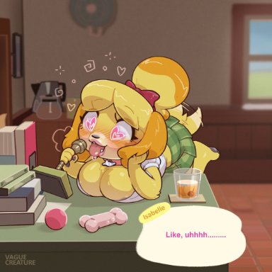 1girls, animal crossing, anthro, bimbo, bimbofication, breast expansion, breasts, dialogue, dog, female, female only, furry, heart-shaped pupils, hypnosis, isabelle (animal crossing)