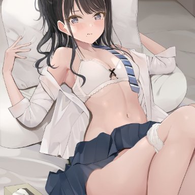 armpits, bangs, bare legs, bare shoulders, bare thighs, black hair, blue skirt, blush, bra, breasts, clavicle, cleavage, closed mouth, clothes pull, collared shirt