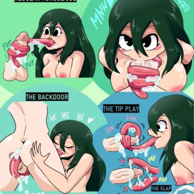 big breasts, big penis, big pupils, black hair, blush, carliabot, cum, cumshot, female, female focus, long hair, long tongue, my hero academia, nipples, nudity