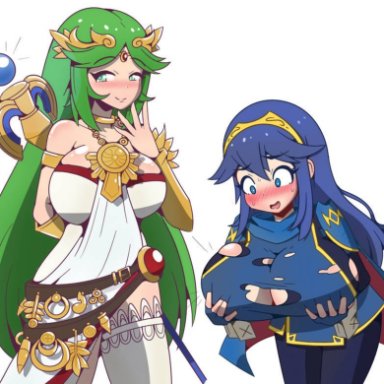 2girls, blue eyes, blue hair, blush, breast expansion, breasts, cleavage, colored, colored edit, colorized, crossover, embarrassed, female, female only, fire emblem
