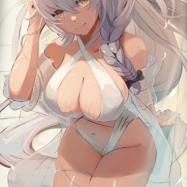 1girls, 2021, azur lane, bare legs, belly button, bow, bow in hair, braid, braided hair, breasts, exposed shoulders, feet in water, feet out of frame, female, female focus