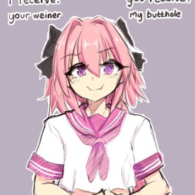 1boy, 2021, astolfo (fate), bare arms, bow, braid, crop top, english text, eyebrows visible through hair, fangs, fate/grand order, fate (series), fingers together, grey background, hair between eyes