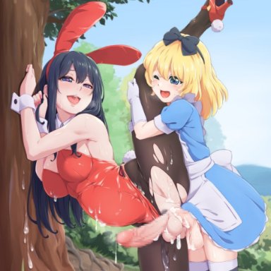 2futas, against tree, alice, alice in wonderland, balls, big penis, black hair, blonde hair, breasts, bunny ears, bunnysuit, censored, clothed, clothing, crotchless