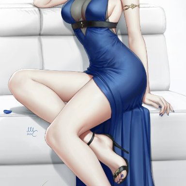 big breasts, blue dress, blue flower, blue hair, blue nail polish, blue nails, breasts, dress, eula (genshin impact), feet, genshin impact, nail polish, painted nails, painted toenails, sciamano240