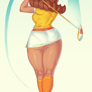 1girls, ass, big ass, breasts, brown hair, female, golf, golf club, mario (series), mario golf, minishorts, nintendo, pokko (artist), princess daisy, shorts