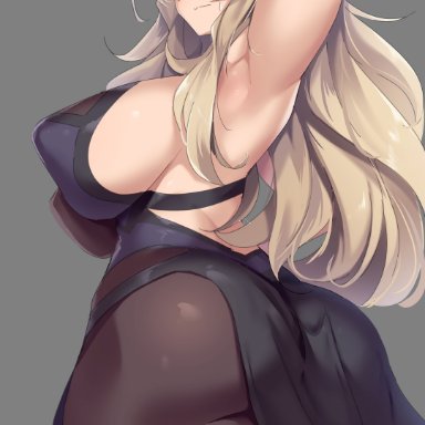 1girls, absurd res, arm behind head, armpits, ass, bangs, bare shoulders, black dress, blonde hair, blue eyes, breasts, brown legwear, clothing, dress, fate/grand order