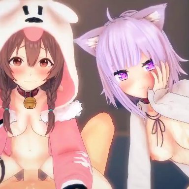 1boy, 2girls, 3d, animal ears, animated, bottomless, breasts, brown eyes, brown hair, cat ears, collar, dog ears, female, hetero, hololive