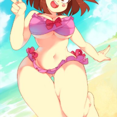 :d, ahoge, ass visible through thighs, bare legs, barefoot, beach, bikini, blue sky, blush stickers, bow, bow bikini, breasts, brown eyes, brown hair, cloud