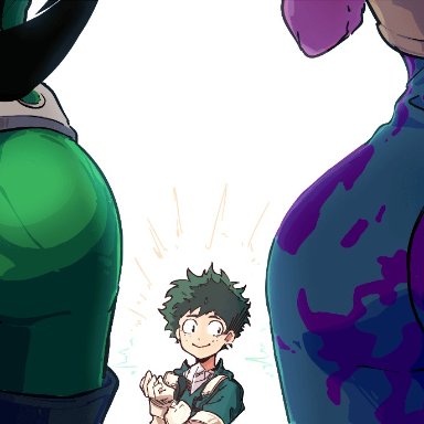 1boy, 2girls, ass, big ass, clothed, clothing, from behind, izuku midoriya, mina ashido, mrplow34, my hero academia, tight clothing, tsuyu asui