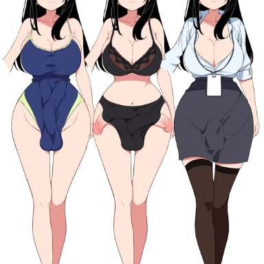 1futa, balls, big breasts, big penis, black hair, bra, breasts, bulge, business woman, clothed, clothing, dickgirl, diphallism, double penis, fully clothed