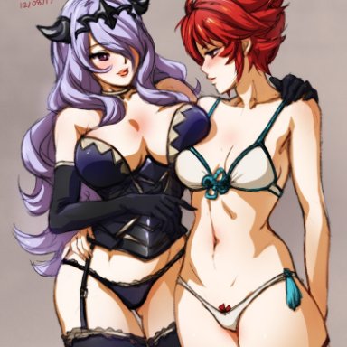 2girls, bare shoulders, bare thighs, black panties, blush, camilla (fire emblem), elbow gloves, female only, fire emblem, fire emblem fates, garter belt, gloves, hair over one eye, hinoka (fire emblem), horns