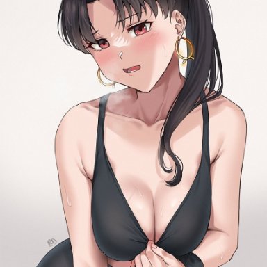 1girls, 2021, alternate breast size, alternate hairstyle, artist signature, black hair, black sports bra, black yoga pants, blush, breast focus, breasts, cleavage, company logo, deity, earrings