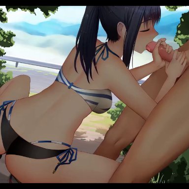 1boy, 1girl, animated, ass, bangs, bikini, black bikini, black hair, black swimsuit, blue sky, breasts, couple, erection, extremely large filesize, eyes closed