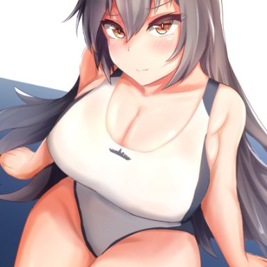 1girls, alternate costume, artist request, breasts, brown eyes, competition swimsuit, female, from above, highres, kantai collection, large breasts, long hair, nagato (kantai collection), one-piece swimsuit, sinape