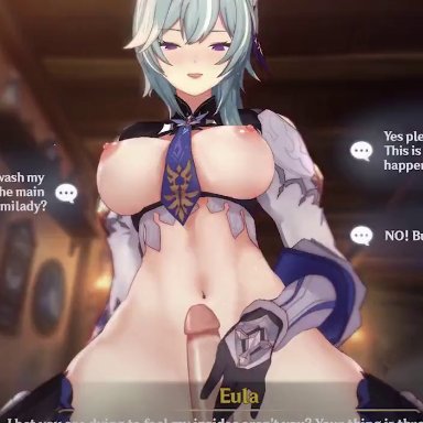 aether (genshin impact), animated, big breasts, big penis, blue hair, butt, cum in pussy, cute face, english subtitles, eula (genshin impact), genshin impact, japanese, japanese dialogue, kizu, kizumashiro