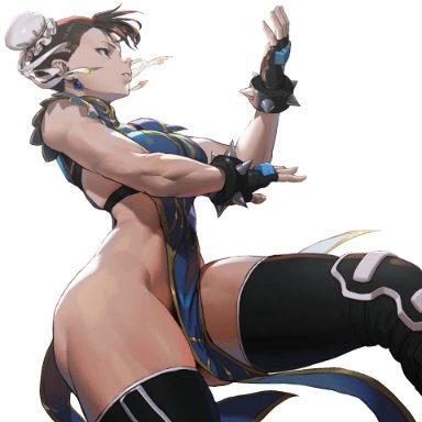 chun-li, female only, huge ass, loped, muscular, muscular female, no panties, pelvic curtain, revealing clothes, side view, skimpy, street fighter, tagme, thick thighs, thighhighs