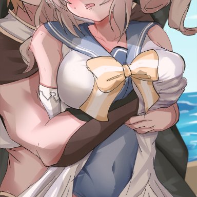 1boy, 1girls, aether (genshin impact), artist request, barbara (genshin impact), beach, blush, breast grab, breasts, female, genshin impact, groping, hi res, hiding, large breasts