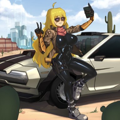 2021, against car, aviator sunglasses, barleyshake, big breasts, black latex, black latex bodysuit, blonde hair, bodysuit, breasts, cactus, car, cellphone, commission, crossover