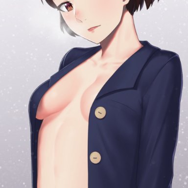 artist request, blush, breasts, brown hair, female, looking at viewer, makoto niijima, navel, open clothes, open mouth, persona, persona 5, persona 5 royal, solo, solo female