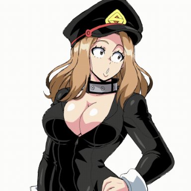 1girls, animated, big breasts, blonde hair, breasts, breasts outside, camie utsushimi, erect nipples, erect nipples under clothes, female only, hat, lewdamone, my hero academia, shiketsu high school cap, simple background