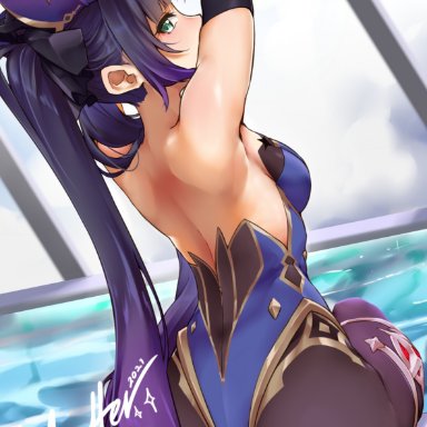 1girl, aqua eyes, ass, clothed, clothing, female, genshin impact, indoor pool, long hair, looking at viewer, masalter, mona (genshin impact), pool, purple hair, sideboob