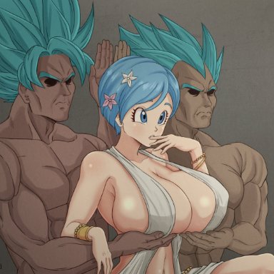 1girls, 2boys, aqua hair, blue hair, bracelet, bulma briefs, cleavage, dragon ball, dragon ball super, dragon ball z, dress, efexcima, green hair, huge breasts, light-skinned female