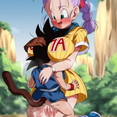 1girls, bed, breast smother, breasts, bulma briefs, dragon ball, female, female only, goku, huge breasts, larger female, purple hair, rom, saiyan, shounen jump