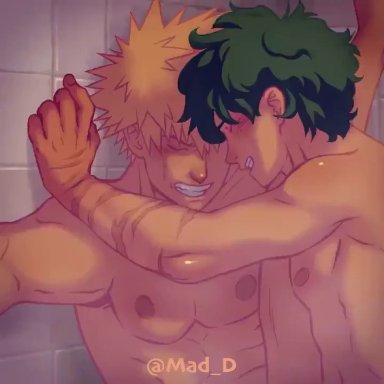 2boys, ass, bare chest, bare shoulders, blonde hair, bodily fluids, butt, completely nude, cum, eyes closed, gay, genital fluids, genitals, green hair, gritted teeth