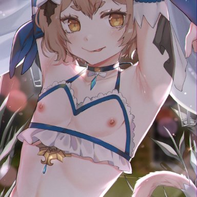 1boy, 2020, :q, armpit, armpit pussy, armpits, arms up, armwear, blue armwear, blue choker, brown hair, canon crossdressing, cat ears, cat tail, catboy