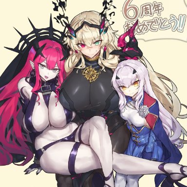 3girls, big breasts, blonde hair, blush, cleavage, curvy, fairy knight lancelot (fate), fate/grand order, fate (series), gawain (fairy knight) (fate), grey eyes, height difference, heterochromia, horns, huge breasts