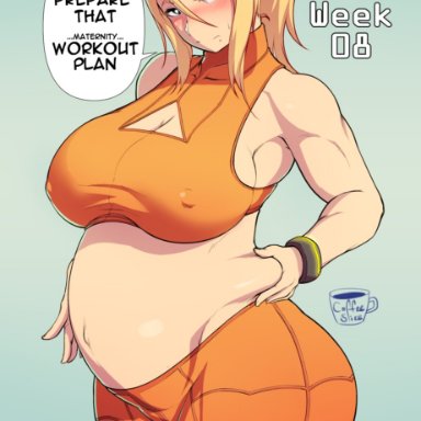 1girls, big breasts, blush, breasts, coffeeslice, female, female only, large breasts, metroid, pregnant, samus aran, thick thighs, wide hips