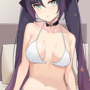 1girl, bed, bedsheets, bra, breasts, female, genshin impact, kemile, long hair, mona (genshin impact), panties, purple hair, sitting on bed, solo, twintails